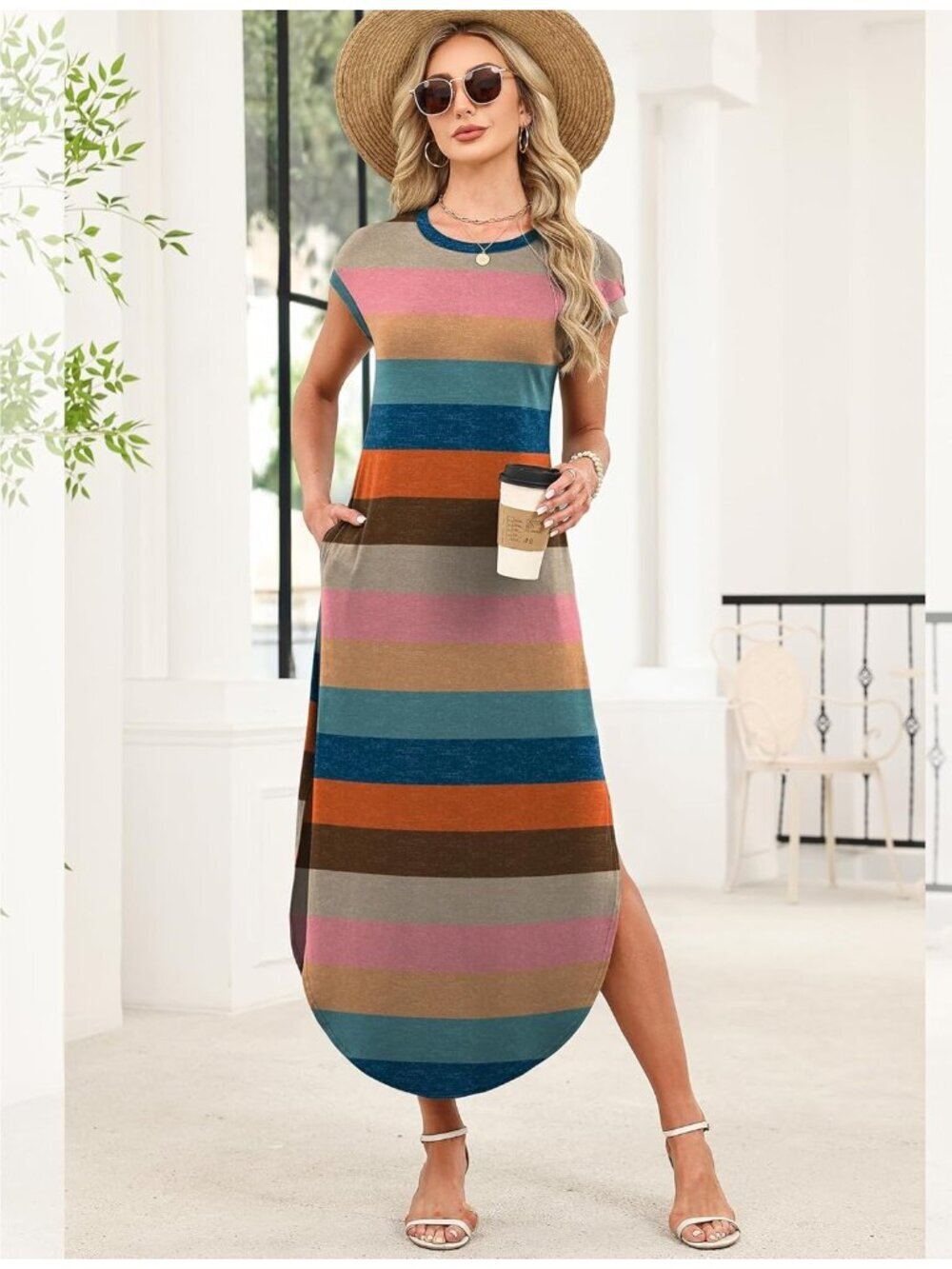 〽️Women Floral Rainbow Cap Sleeve Crewneck Casual Long Summer Pull On Maxi Dress